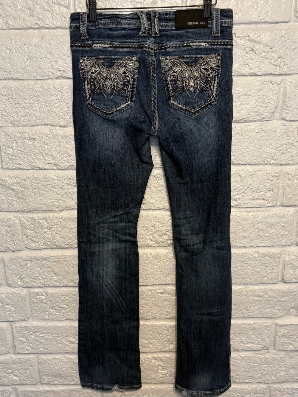 Grace in LA Easy Fit Dark Wash Denim Jeans Rhinestone Pockets Size 28 / 6